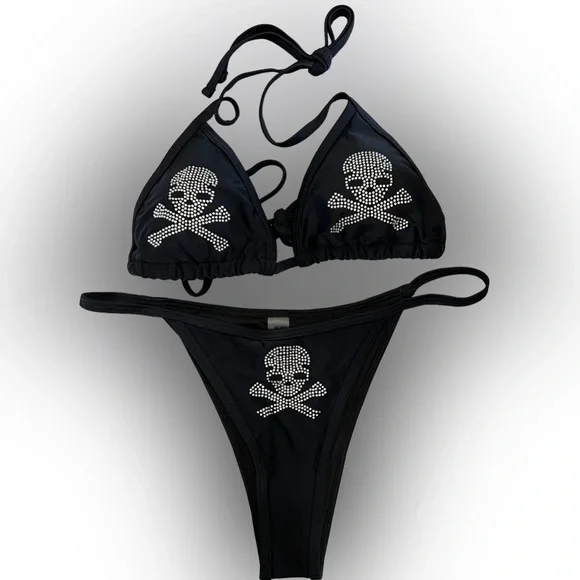 Black Rhinestone Skull Triangle Halter Cheeky Bikini Set - Picture 2 of 11